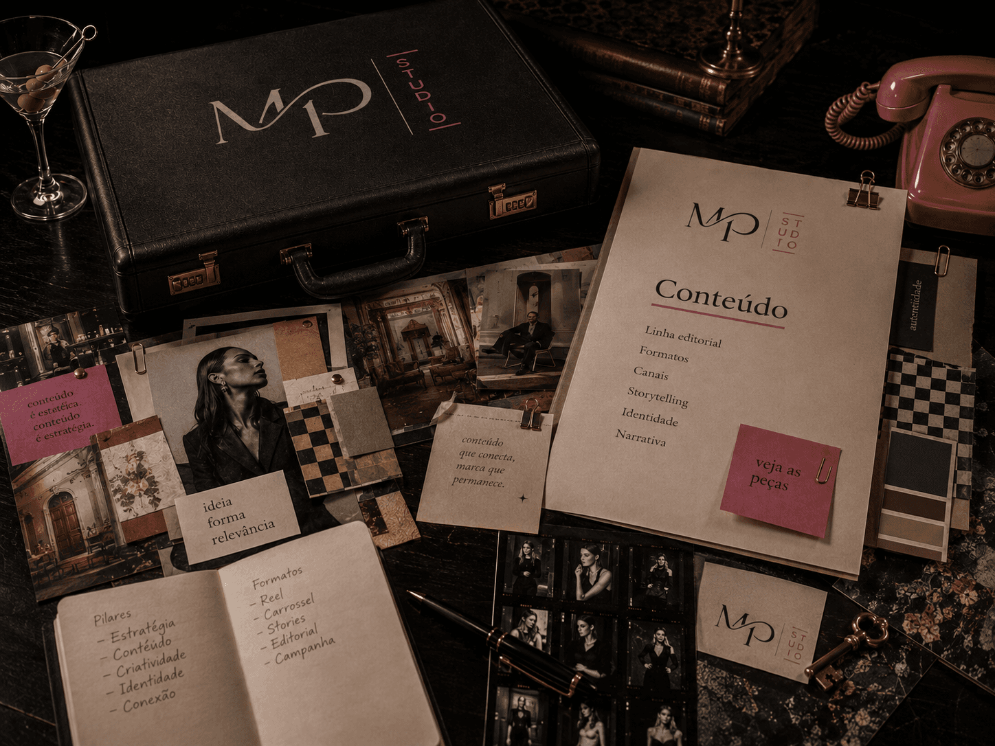Mesa de produção da MPStudio: mala fechada, contact sheets em preto e branco e um cartão 'Conteúdo' com a lista linha editorial, formatos, canais, storytelling, identidade e narrativa