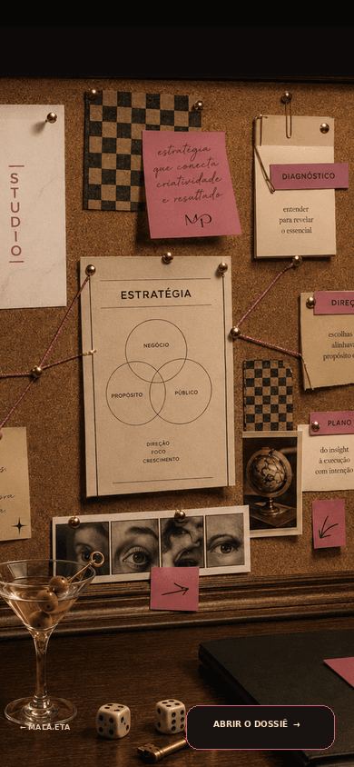 Mural investigativo da MPStudio: cartão Estratégia com diagrama Negócio, Propósito e Público, conectado por barbantes a notas fixadas — Diagnóstico, Posicionamento, Direção e Plano