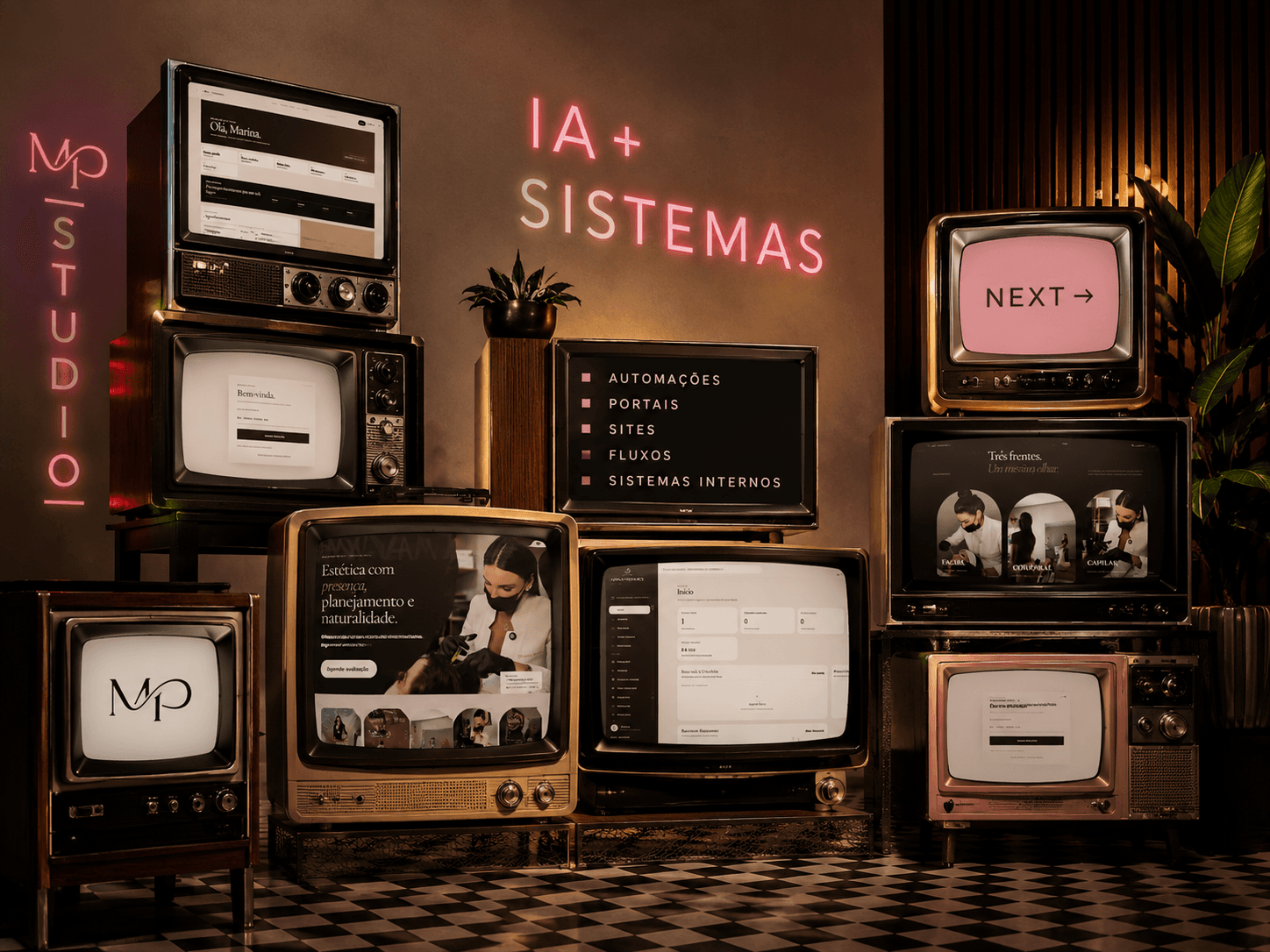 Parede de televisões vintage da MPStudio com o letreiro neon 'IA + Sistemas', uma lista de capacidades — automações, portais, sites, fluxos, sistemas internos — e telas reais de clientes como Anna Moura e Grupo 3D