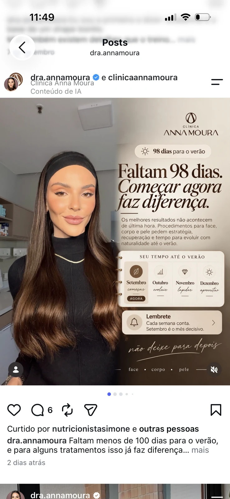 Publicação real de Anna Moura sobre planejamento de procedimentos