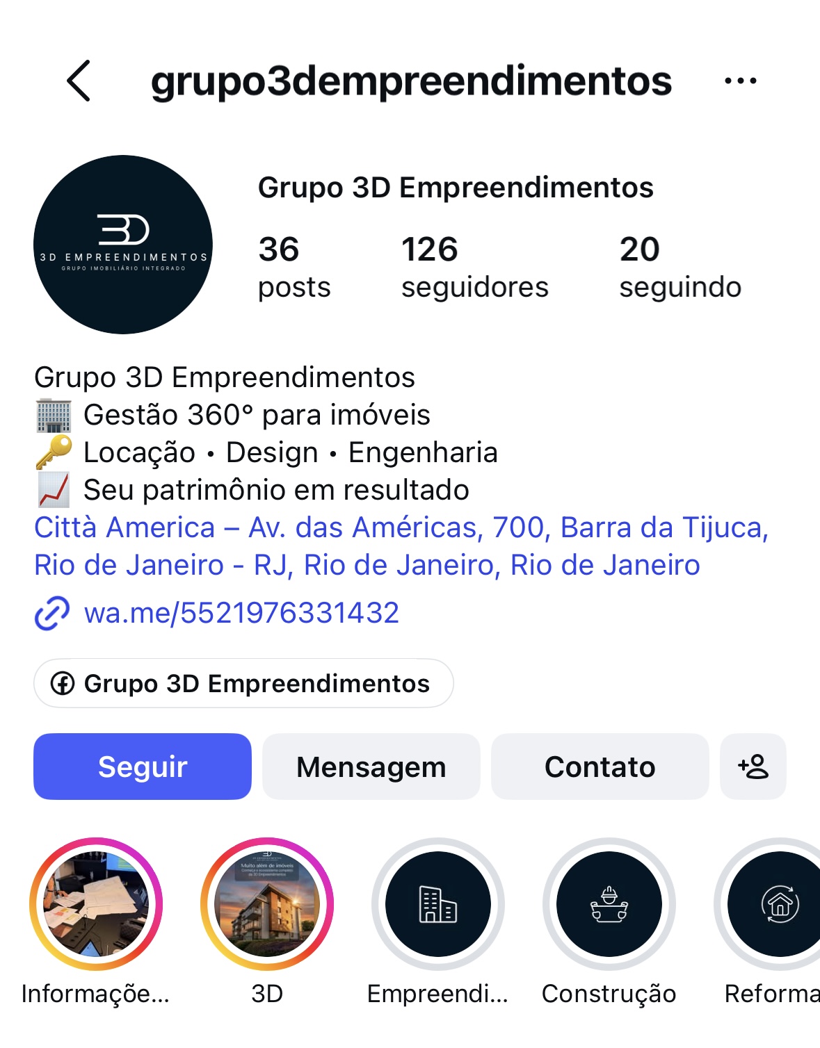 Perfil real do Instagram do Grupo 3D Empreendimentos